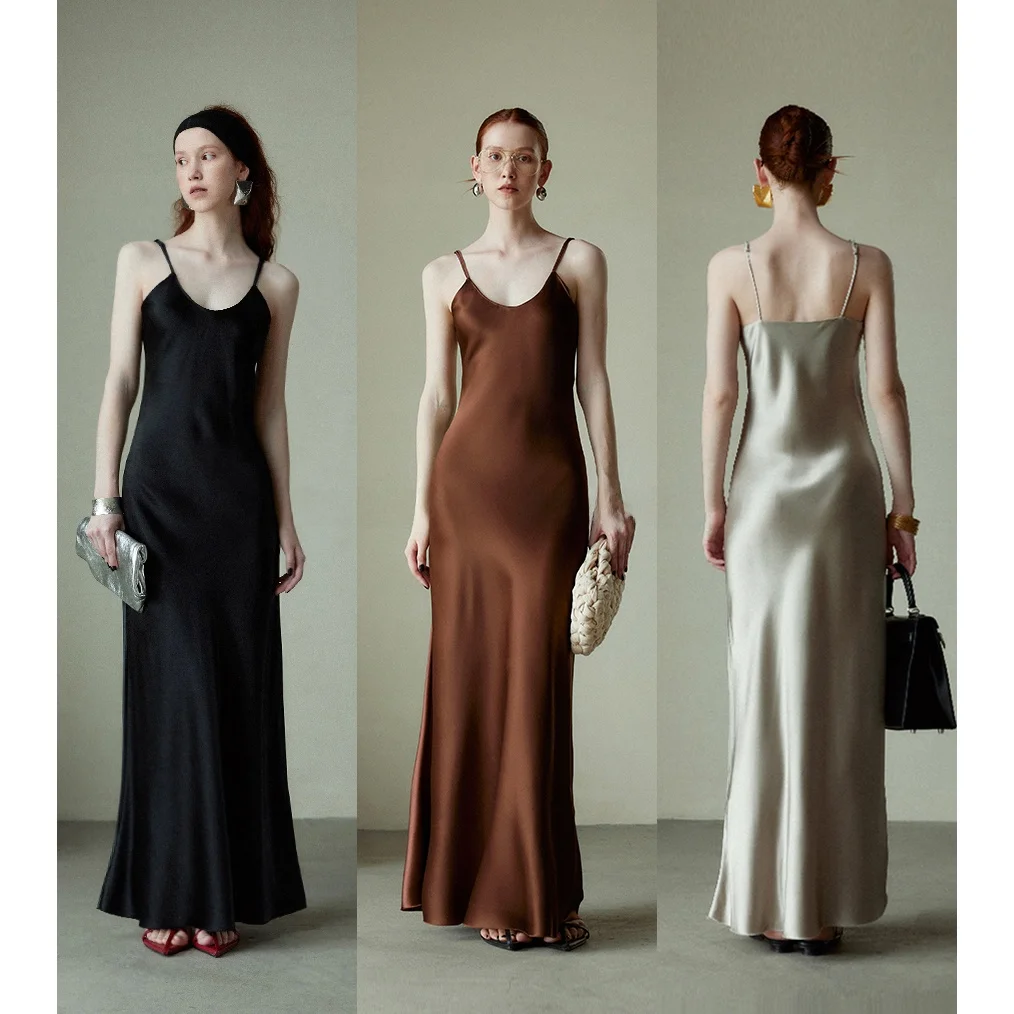 Automne 2025 nouveau Sle femmes Satin acétate v-ne Long Dr lourd fronde Dr brillant coupe asymétrique tenue décontracté