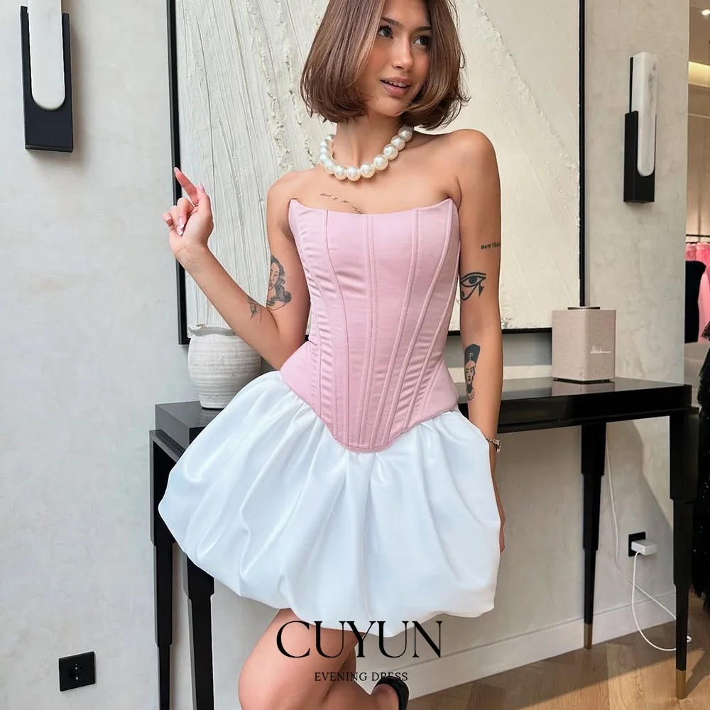 

CUYUN Pink and White Mini Prom Dresses Strapless Short Party Gown Customized Simple Girls' Homecoming Dresses