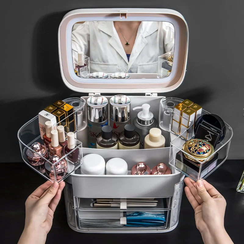 Cosmetics Storage Box LED Light Skin Care Products Dresser Desktop with Mirror Light Jewelry Shelf