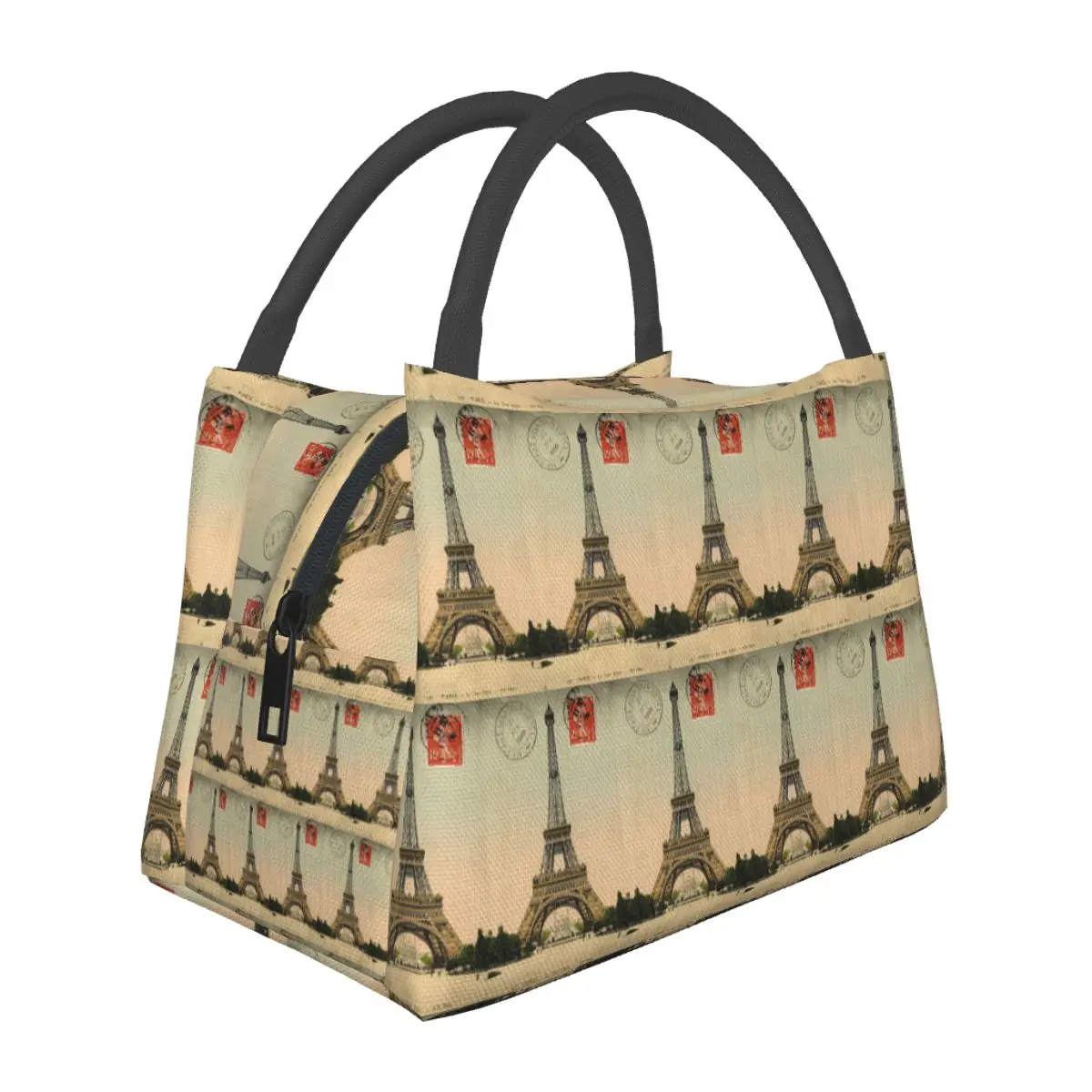 Eiffel Tower Vintage French Postcard Lightweight Handheld Insulated Lunch Bag Aluminum Foil Liner for Students Travel Picnic