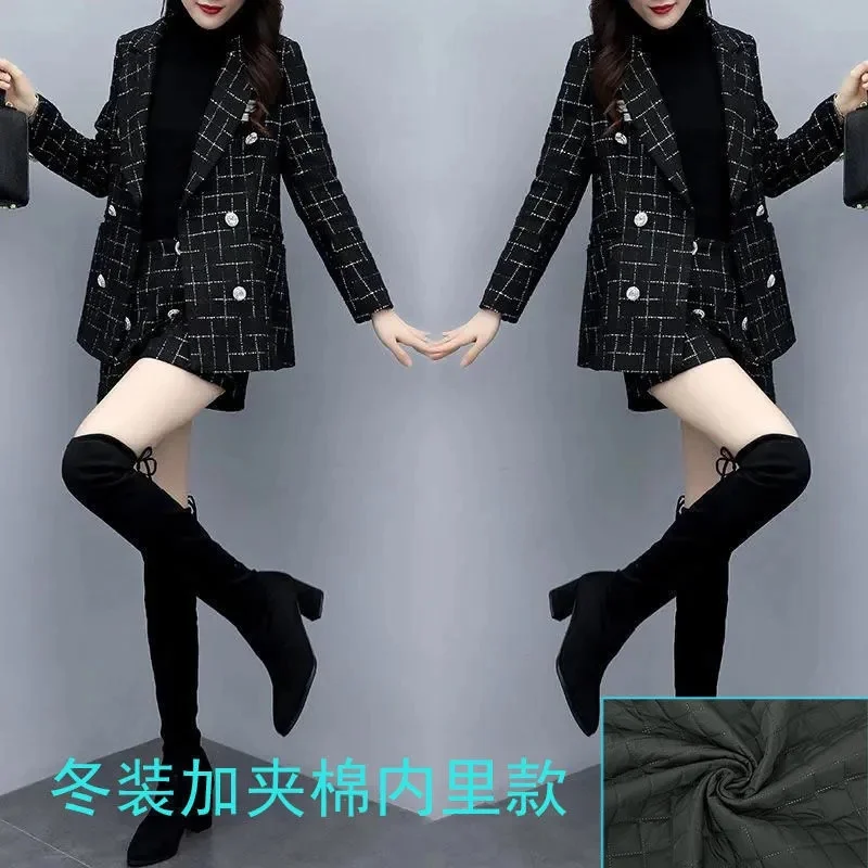 2022 Autumn Winter New Style Thickened Woolen Plaid Coat Slim Bag hip Skirt Pants Fashionable Temperament Two-piece Suit Female