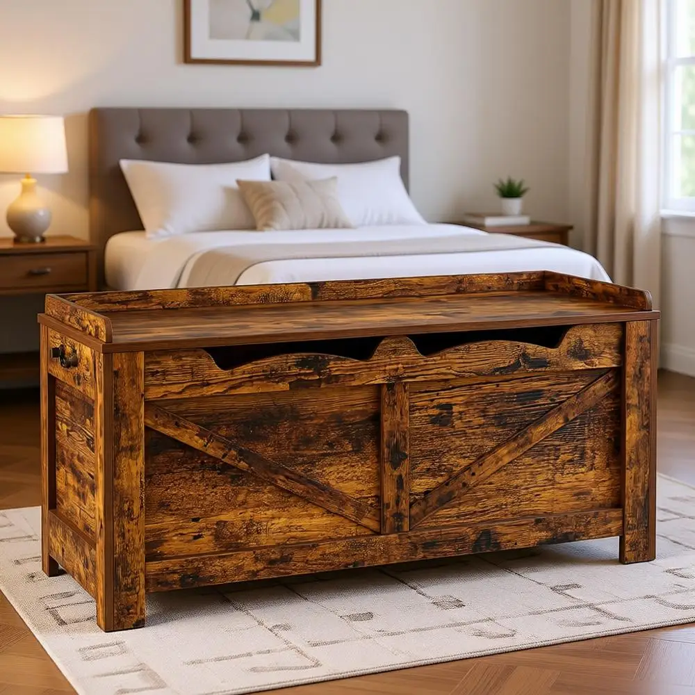 

Extra Large Wooden Storage Trunk with Hinges, Bench Organizer, Shoe Storage for Entryway, Bedroom, Living Room in Rustic Brown