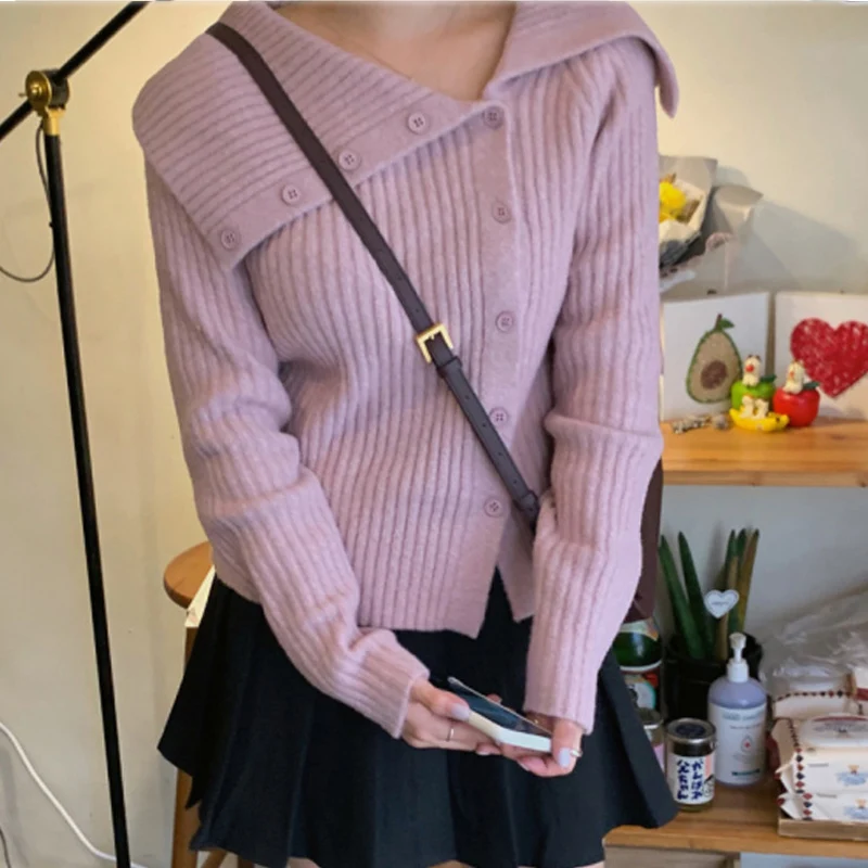 

Korean Style Chic Knitted Sweater Women's Pure Desire Off Shoulder Button Design Trendy Solid Color Elegant Pullover Top
