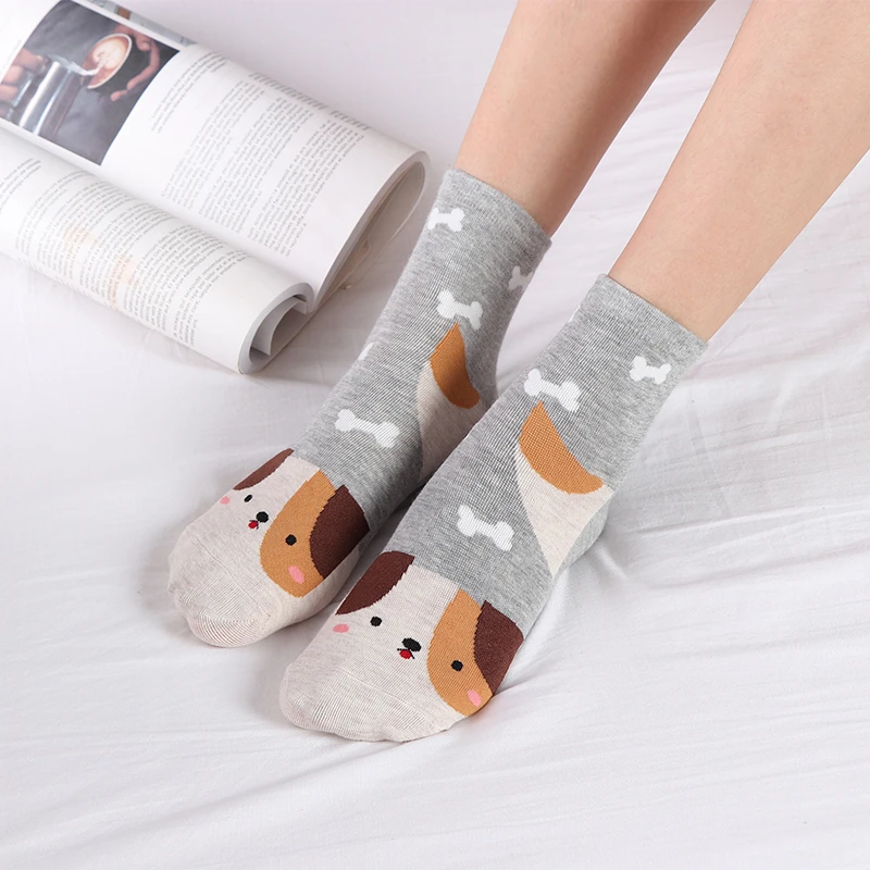 Spring Autumn Women Cute Crew Socks Kawaii Cartoon Animal Fox Dog Squirrel Raccoon Paw Print Funny Female Casual Mid Tube Socks