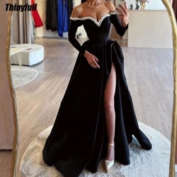 Thinyfull Black Off Shoulder Prom Dresses A-Line Satin Long Sleeves Beading Evening Party Gowns Split Formal Occasion Dress