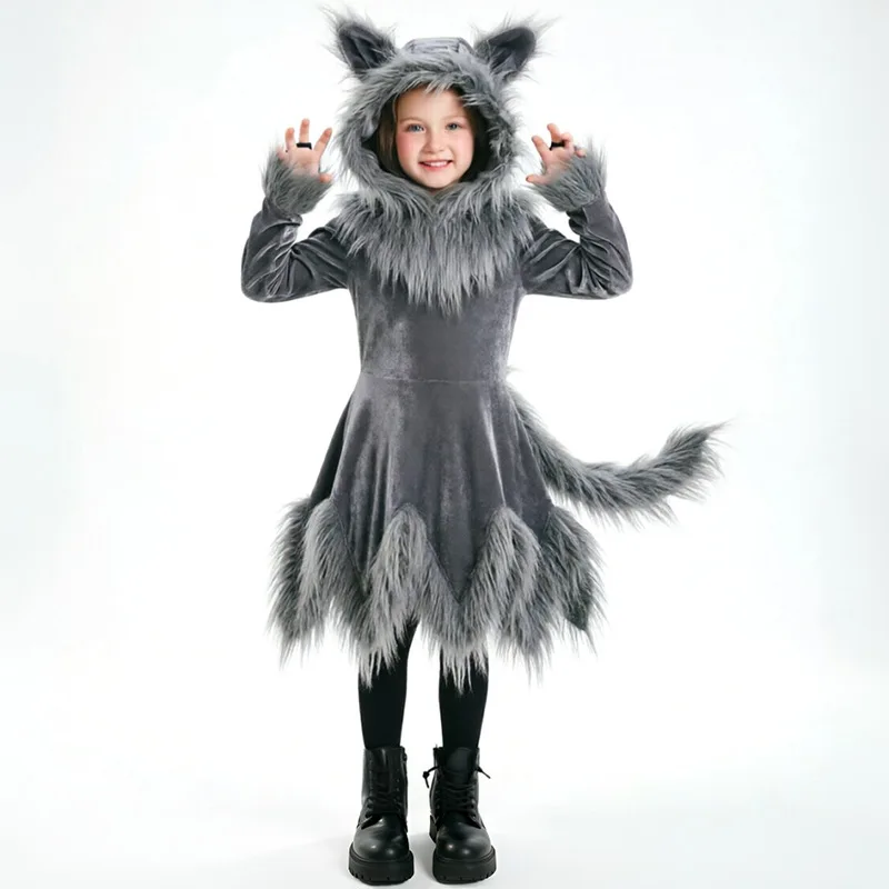 Damen Graues Wolfskleid mit Pelzohren, Kapuze, unregelmäßigem Saum, Kunstfell-Schwanz, Halloween-Tierkostüm, Familien- und Kinderpartykostüm – Detail 8