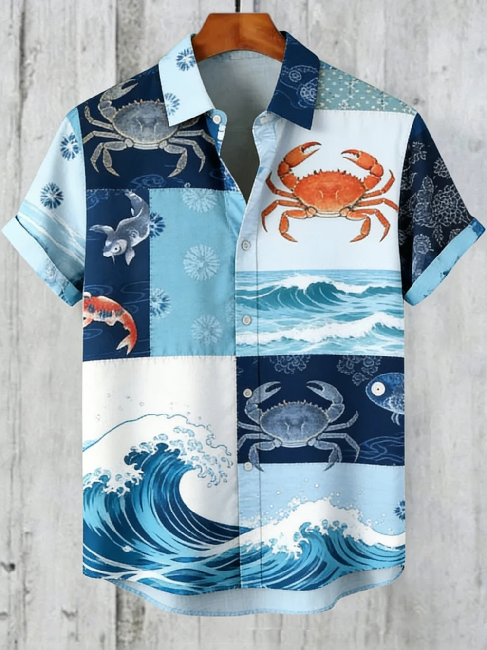 Men's ethnic style linen short-sleeved shirt natural ocean high-definition 3D printed shirt men's Hawaiian vacation outdoor top