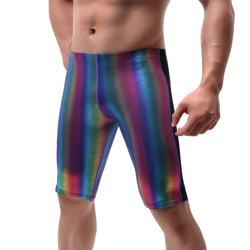 Men's Casual Shorts Imitation Leather Rainbow High Elastic Low Waist Middle Length Board Shorts