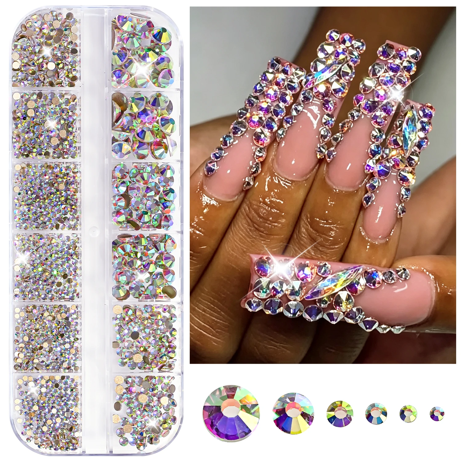 12 Gitter mit verschiedenen Größen, klare weiße Edelsteine, Nagelrhinestones, 3D glänzende, flache Rückseite, SS4-SS30, luxuriöse Kristall-Nagelglitzer-Charms, Hochzeitsdeko