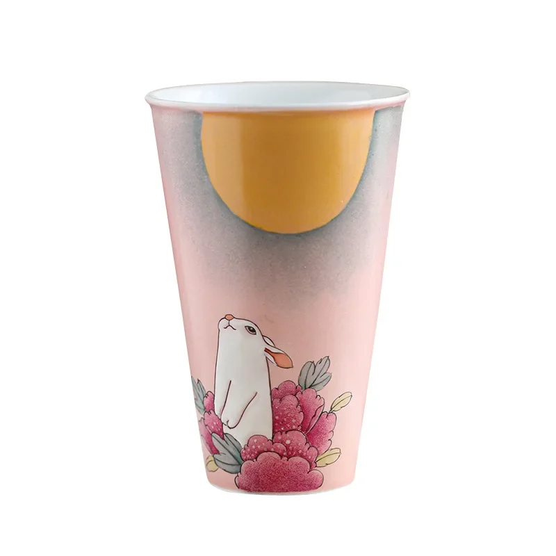 

Sketch hand-painted pink peony jade rabbit cola cup Jingdezhen ceramic water office home hand warmer cup