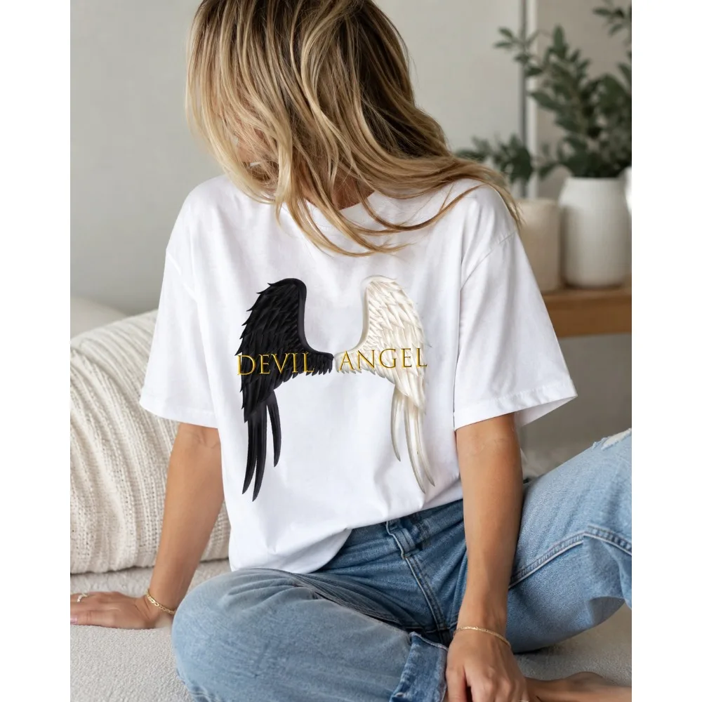 Devil Angel Wings Protect Surround You Trust You are Safe Print Crew Neck T-shirt Casual Fashion Short Sleeve Ideal for Casual