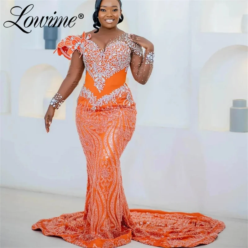 Orange Mermaid Prom Dress Long Sleeve Crystals Sequined Arabic Evening Gowns Customize Party Second Reception Engagement Dresses