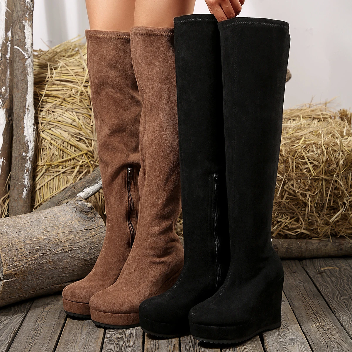2025年レディースハイブーツトレンド-スエードハイヒール-秋冬新作-プラットフォームウェッジ-チェルシーブーツ-厚底ニーハイブーツ