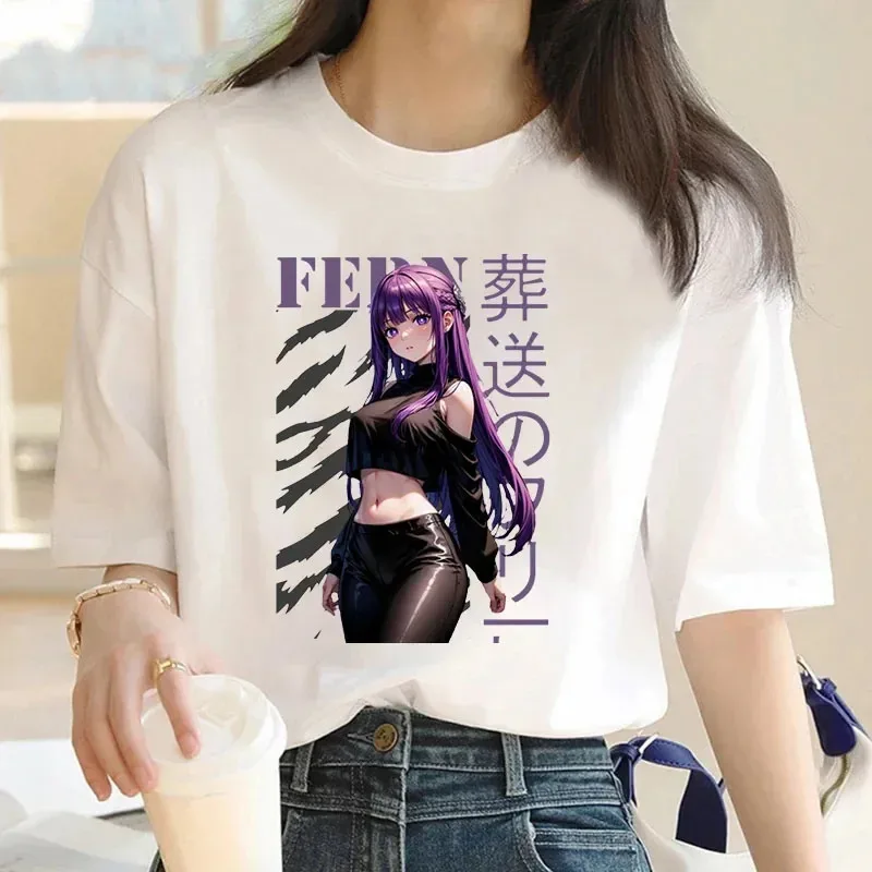 111 www كارتون لطيف Frieren Famale تي شيرت Beyond Journey's End مانغا مطبوعة الصيف تيز لينة 100% قطن حجم كبير المرأة Stre #1