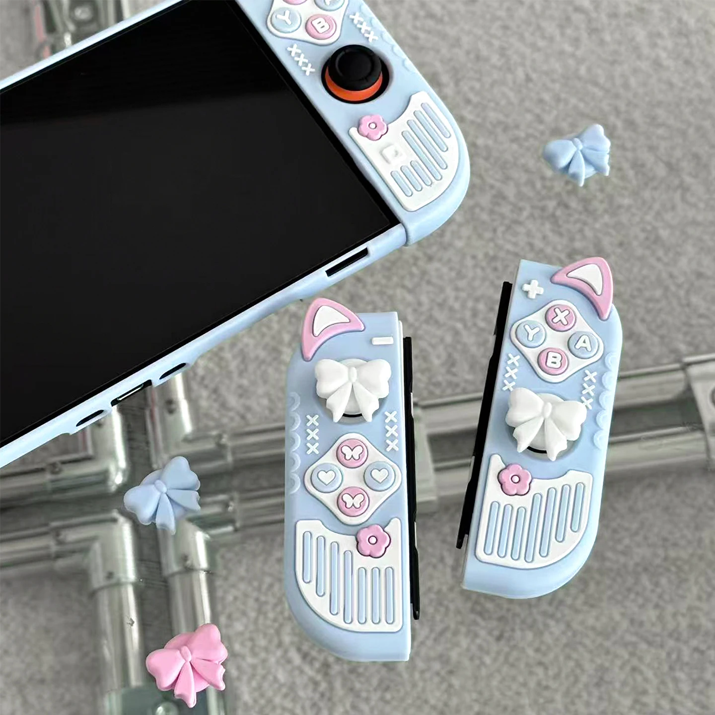 حافظة حماية صلبة صغيرة الحجم لجهاز نينتندو سويتش / OLED / سويتش 2 - غطاء حماية بمقبض من السيليكون، غطاء أذن القطة Joycon