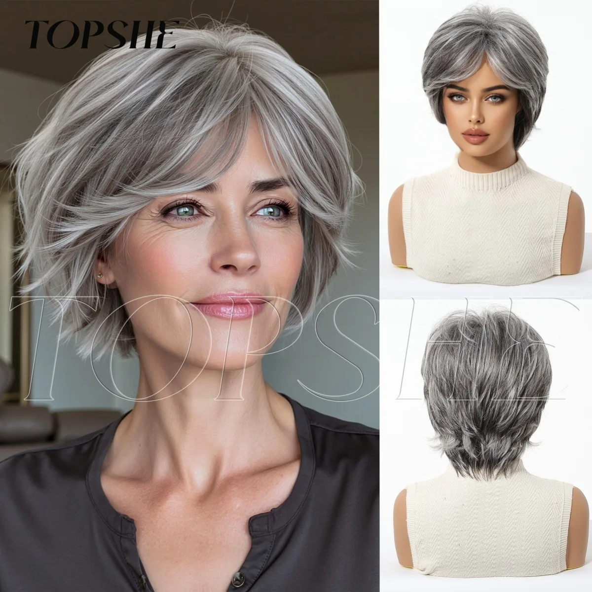 

Silver Gray Short Layered Wig for Women, Natural Looking with Bangs, Heat Resistant Synthetic Hair for Daily Party Cosplay