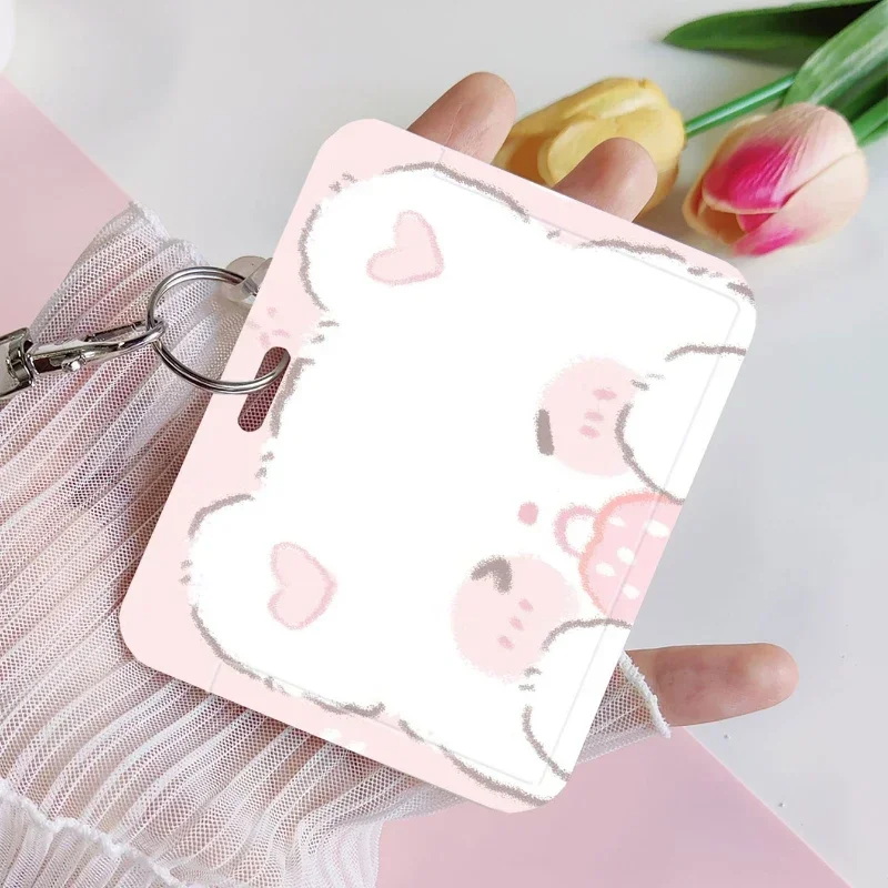 Cute Little White Bear Card Holder with Spring Rope Students Suitable for Bus Campus Lunch Card Kpop Photocard Holder Door Card