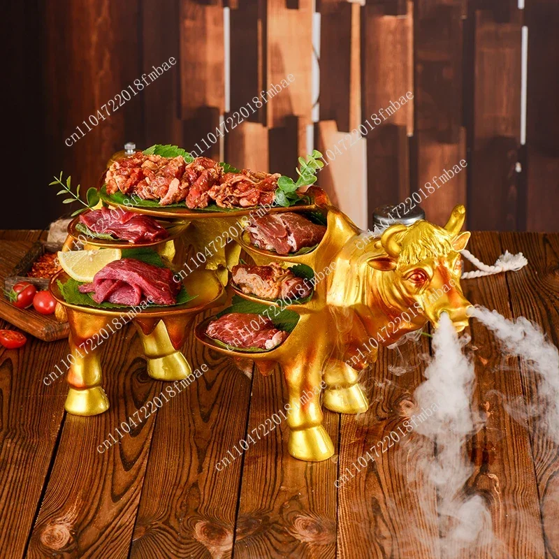 Featured Hot Pot Plate Smoking Mist Golden Cow Shape Dry Ice Tableware Roast Meat Plate Holder Plate