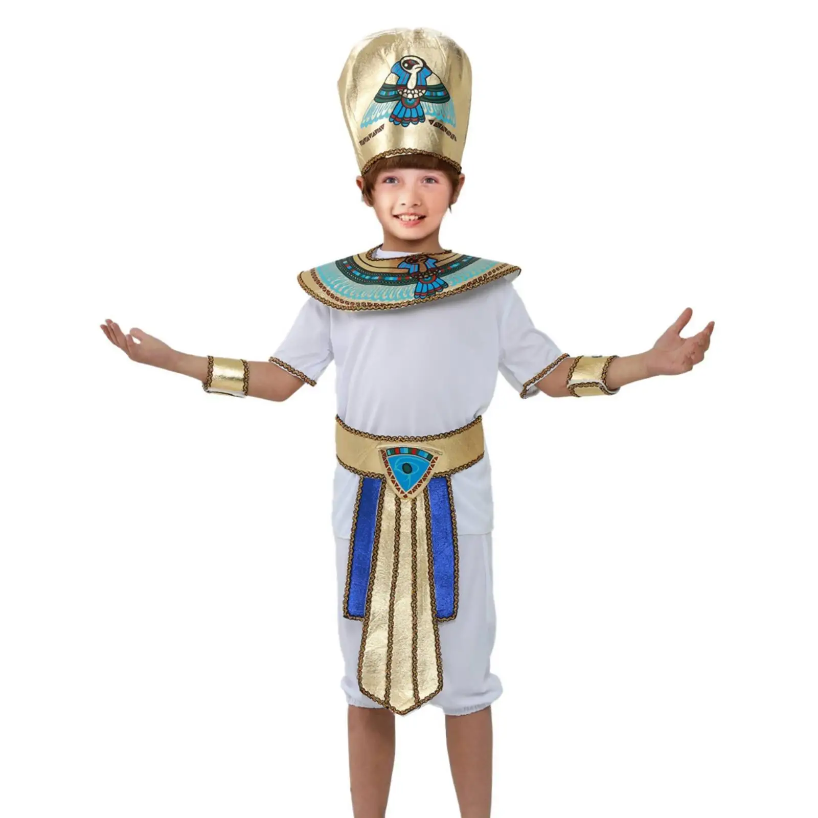 Kids Egyptian Prince Costume with Gold Headband and Waist Belt for Carnival Party and School Play