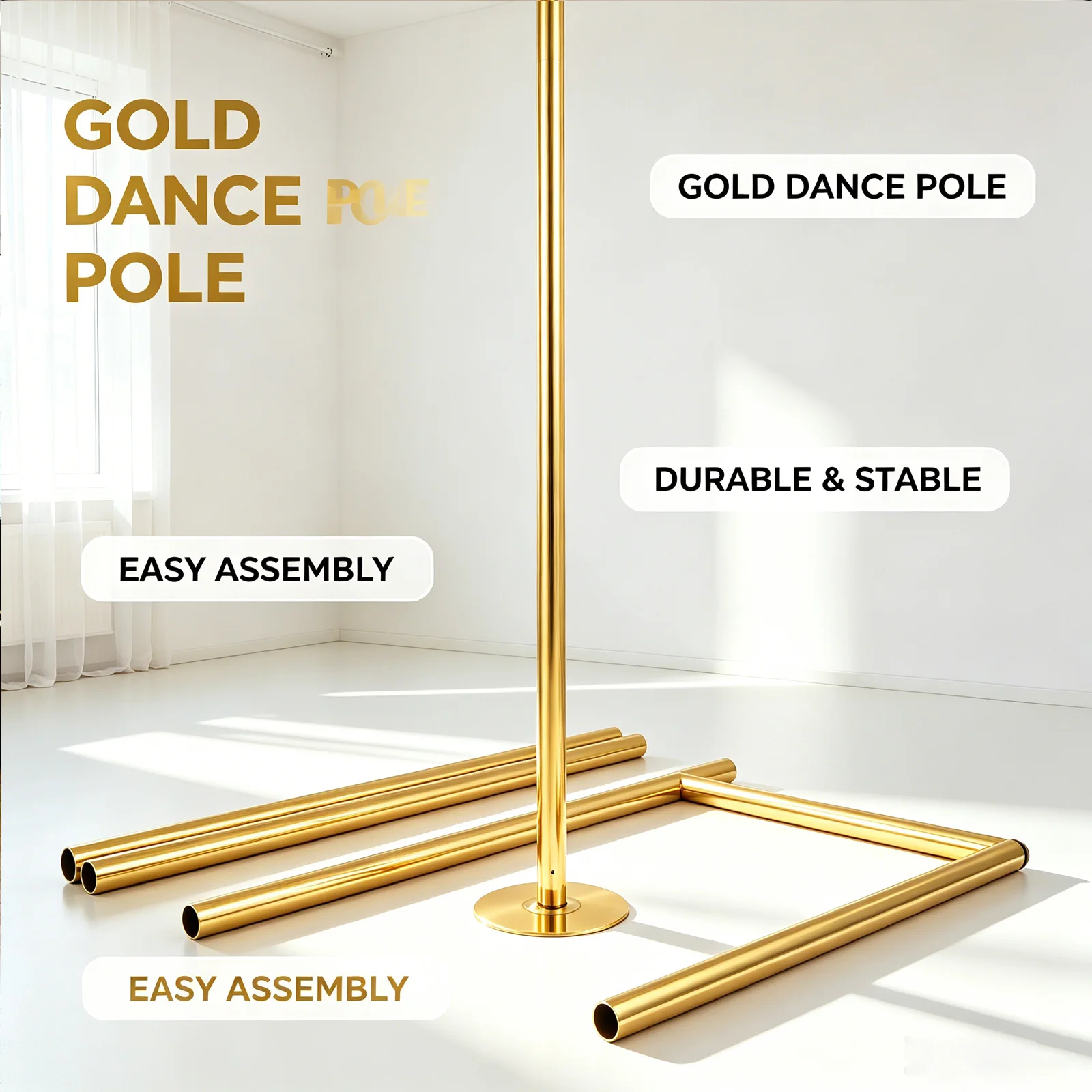 Gold 45mm Professional Dancing Pole, Static and Rotating Mode Locking Key for Smooth Spins, Removable Pole for Home Studio Club, Portable Dance Fitness Equipment, Ceiling Fit 7.09-9.17 Ft
