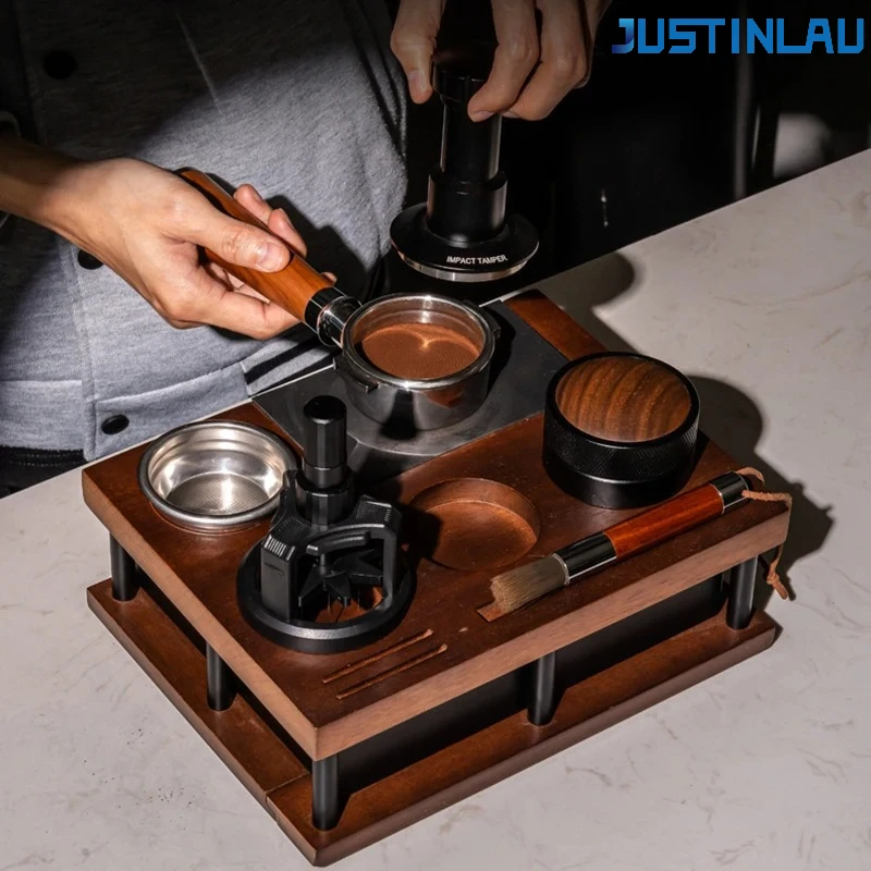 JUSTINLAU Double-layer Coffee Powder Pressing Base Solid Wood Storage Coffee Grounds Box Coffee Tools Wooden Coffee Storage Box