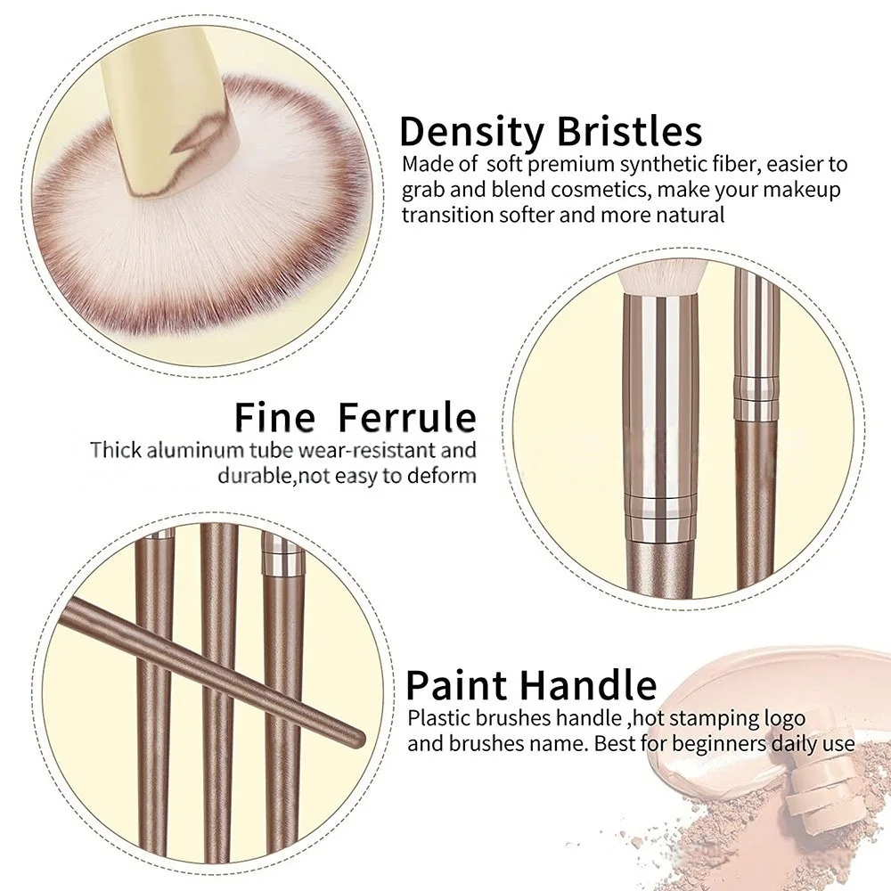 Juego de brochas para base y colorete suave portátil, color champán, 20, 15, 10, brocha cosmética, pelo sintético personalizable, uso para cara