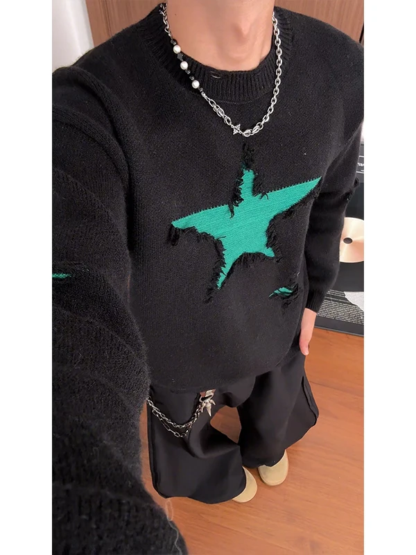 

Цветной дизайн с отверстиями, мужской вязаный свитер, круглый пуловер Ne, повседневный топ со звездами, осенний модный ленивый топ