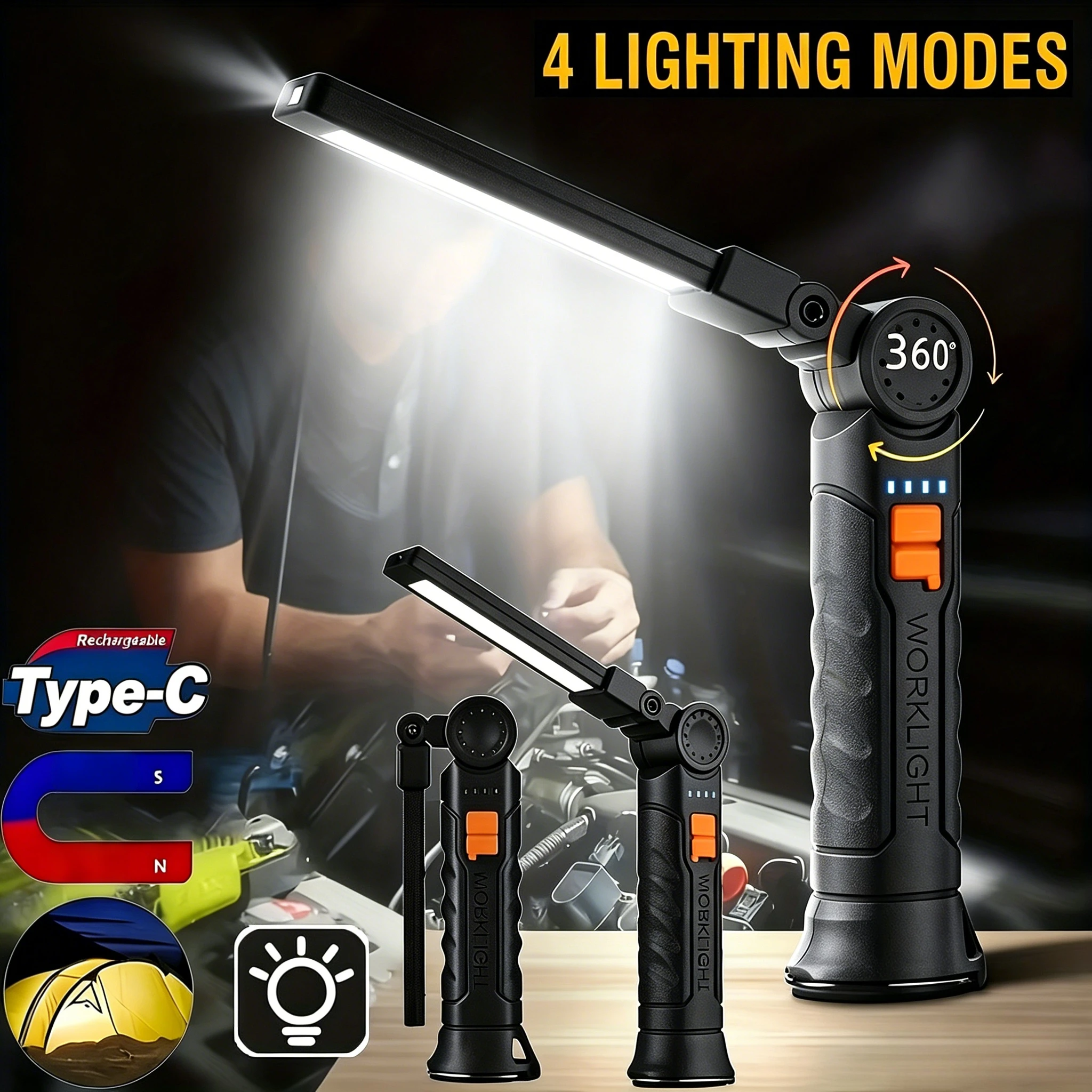 800LM tragbare COB-LED-Arbeitsleuchte, wiederaufladbare USB-Magnet-Hängelampe, eingebauter Akku, 4 Modi für Camping, Notfälle im Freien
