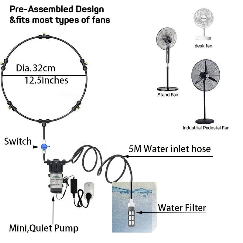 Kit de nebulización portátil para ventilador, boquillas de latón de 5 piezas, Mini bomba silenciosa para sistema de enfriamiento por nebulización, 1