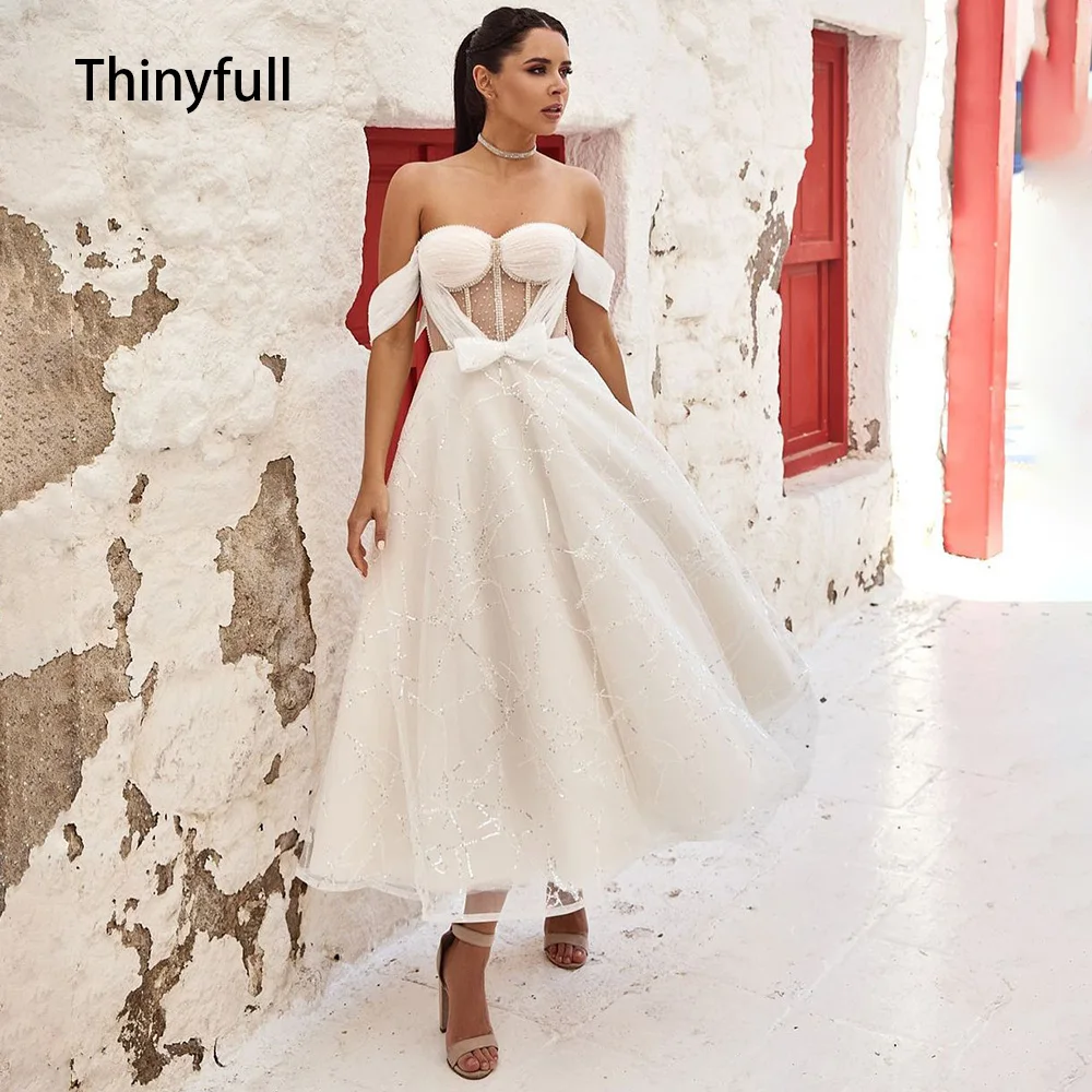 

Thinyfull A Line Wedding Dress Sparkly Tulle Bride Gowns Off the Shoulder Short Wedding Party Dress with Bow vestido de novia