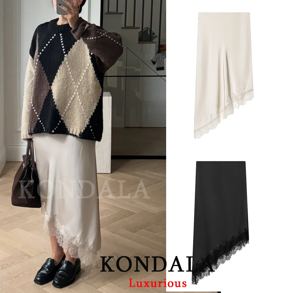 KONDALA Casual Chic Satin Lace Long Skirts Women Elastic Straight Long Party Skirt Fashion 2025 Evening Club Party Y2K Skirts
