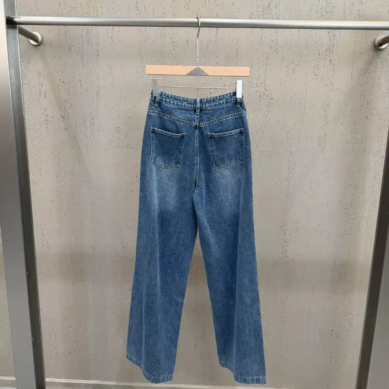 Women High Waist Wide Leg Jeans Gold Button Closure Loose Straight Denim Pants Vintage Washed Chic Streetwear Long Trousers