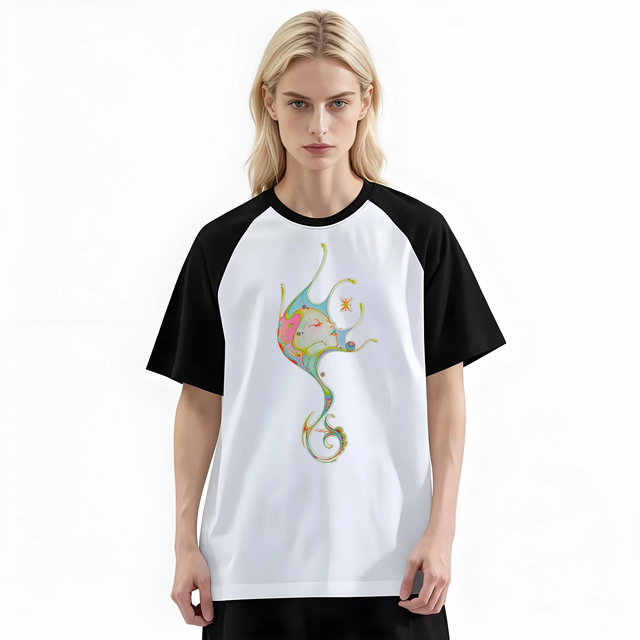 Women'S Fashion Raglan Sleeve T-Shirt, Psychedelic Swirl Abstract Alien Line Art Printed, Summer Casual Comfortable Tee, Women'S Everyday Short-Sleeve Top