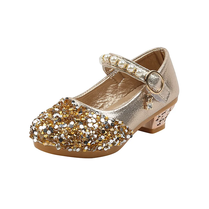

Girls' Leather Shoes Children's Crystal Pearl High-heeled Fashion Shoes Dress Children's Princess Shoes Girls Performance Shoes