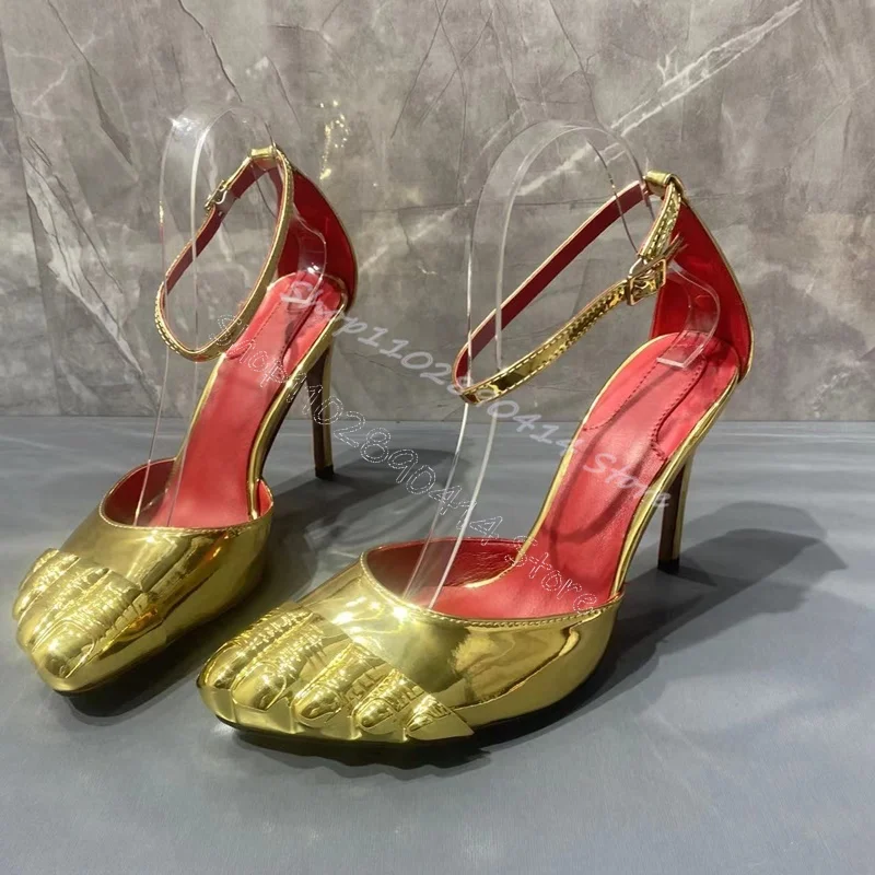 

Gold Five Fingers Design Patent Leather Pumps Buckle Strap Women Shoes Thin High Heels Fashion Runway 2024 Zapatos Para Mujere