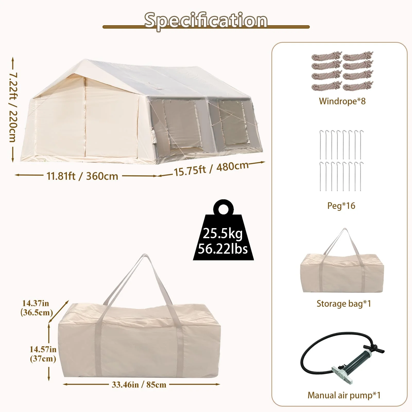 Luxury Waterproof Inflatable Tent for Camping with Stove Canvas Bedrooms & Living Room Easy Setup 17.28 m²