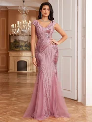 Lucyinlove Luxury Sleeveless Pink Sequin Formal Evening Dress Women Long Elegant Mermaid Party Maxi Prom Arabia Cocktail Gowns