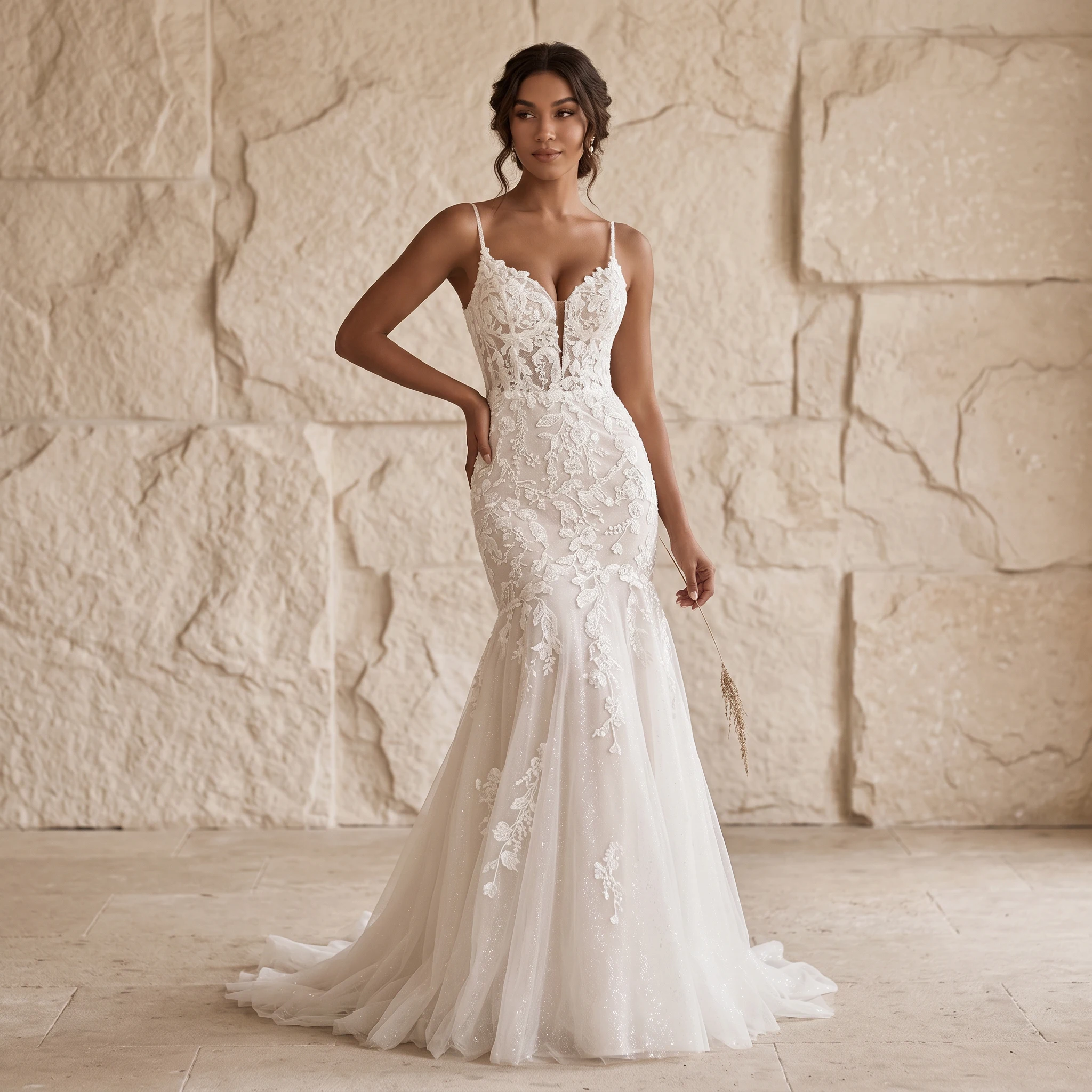 Spaghetti Strap V Neck Mermaid Wedding Dress 3D Floral Lace Corset Lace Up Back Sparkle Tulle Chapel Train Bridal Gown
