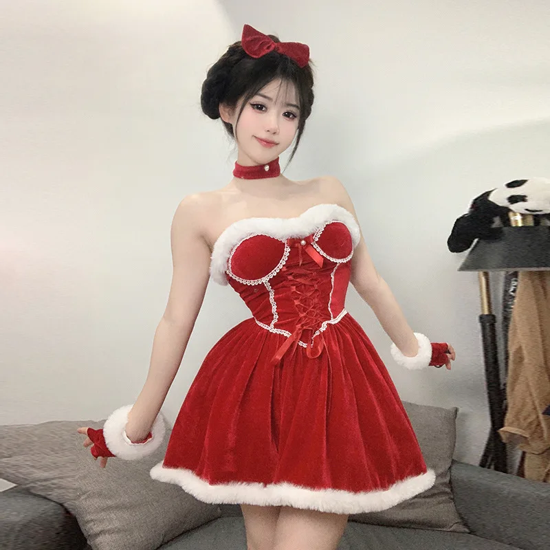 Weihnachten Samt Prinzessin Kleid Schleife Nettes Mädchen Weihnachten Puffy Rock Cosplay Kostüm Neujahr Outfits Nachthemd Rollenspiel Kleider Set