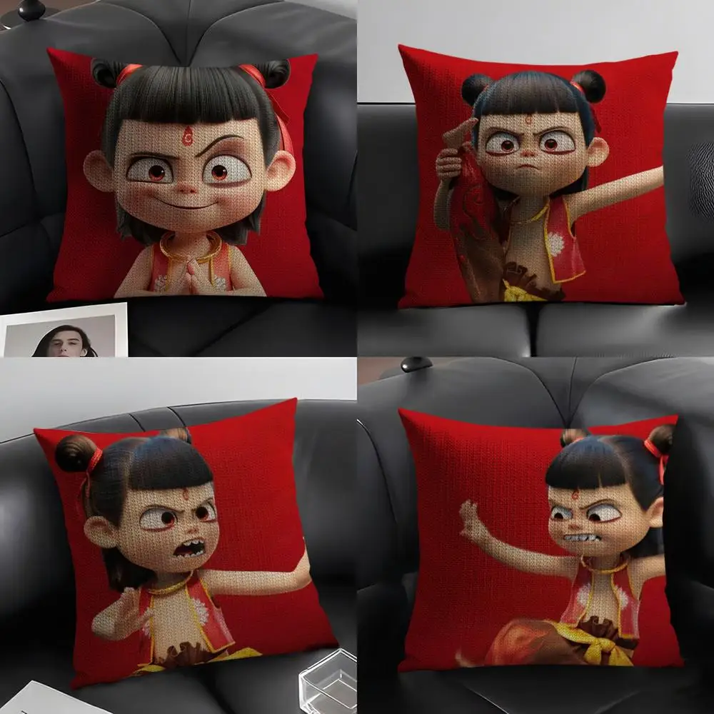 الفيلم الشهير N-Nezha غطاء الوسادة الكتان الطبيعي النسيج العضوي الوجهين الطباعة أريكة ديكور المنزل هدية كيس وسادة #1