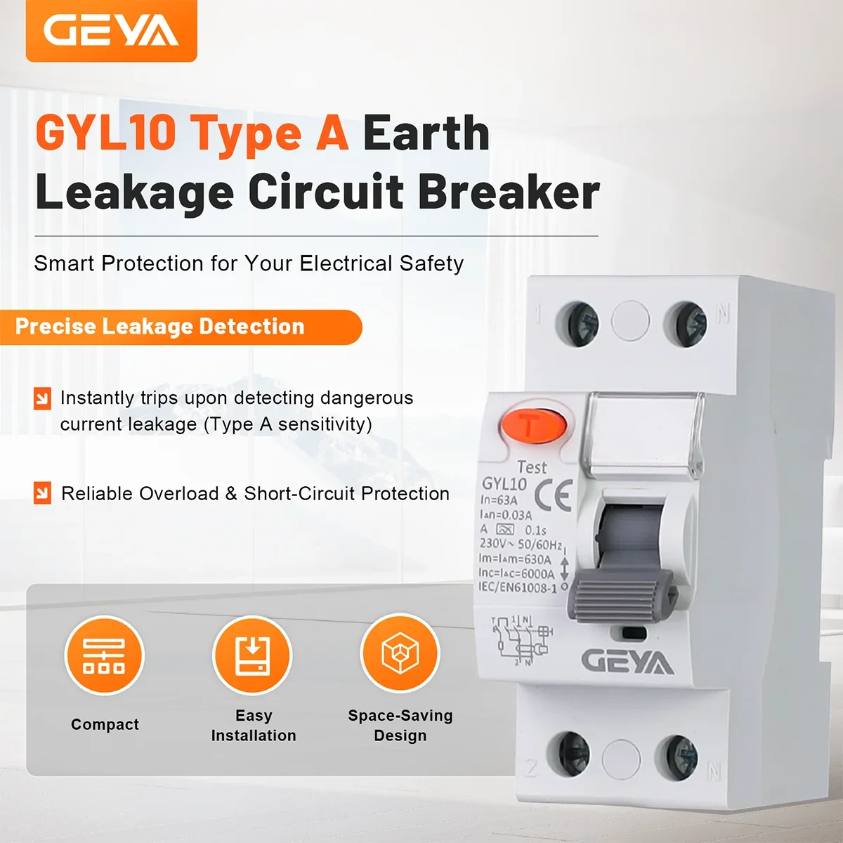 GEYA  Residual Current Protection Circuit Breaker: 30mA A Type, 2P/4P, Over & Short Current Leakage Protection (RCCB MCB)