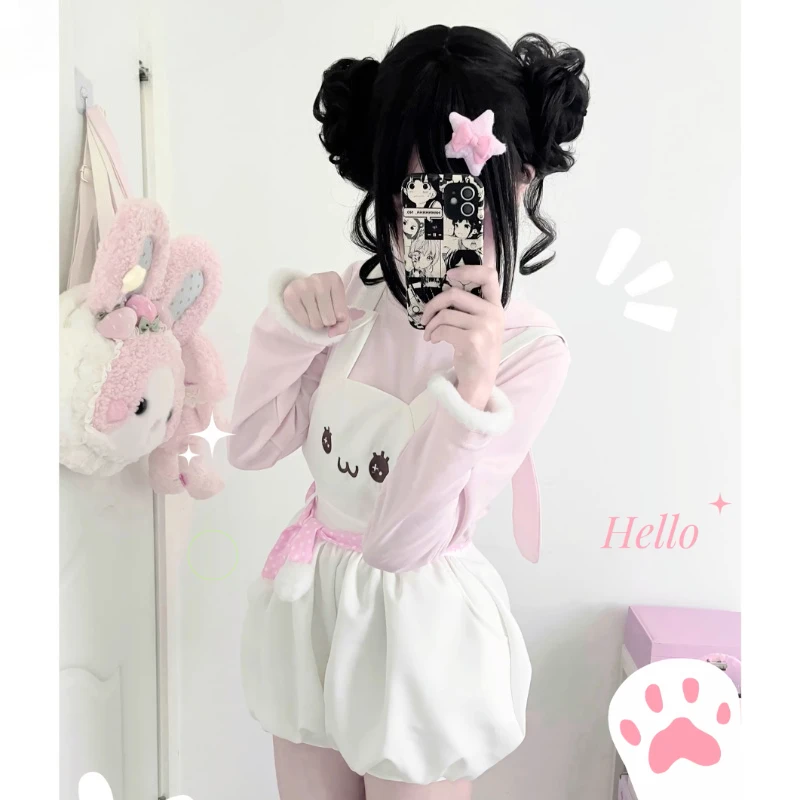 

Japanese Kawaii Cute Lolita Overalls Women Sweet Bunny Print Plush Ball Strap Shorts Harajuku High Waist Suspenders Bud Pants