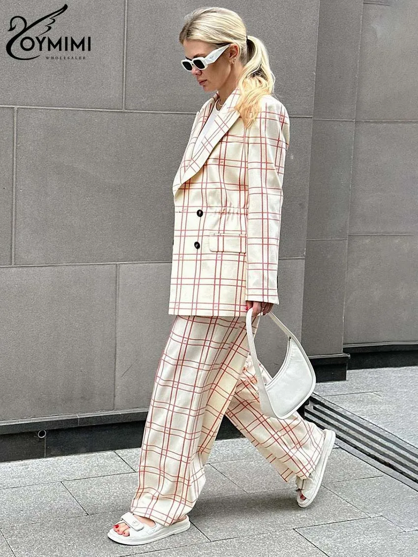 Oymimi Elegant Beige Plaid Print 2 Piece Sets Women Outfit Fashion Office Long Sleeve Double Breasted Shirt + Straight Pants Set