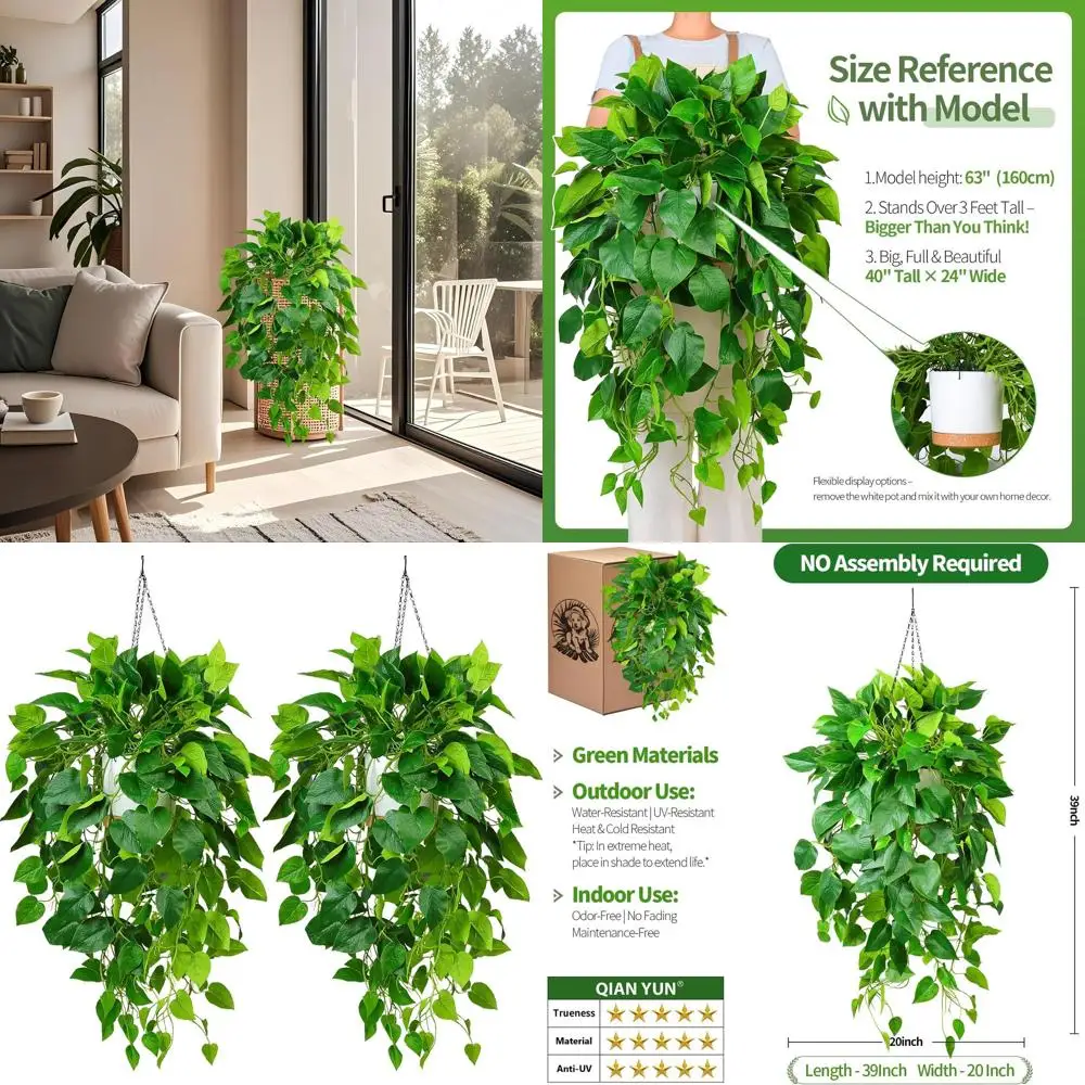 

40 Artificial Ivy Plants in Pots, Set of 2, Green Trailing Vines for Indoor or Outdoor Décor