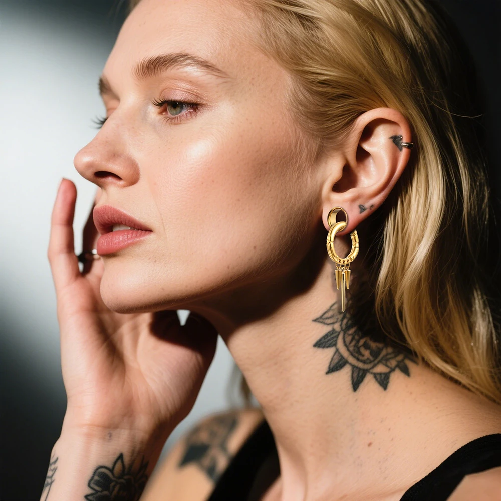 Giga 1/2Pcs 5.5MM Punk Ear Weights Hanger with Dangle Cone Stainless Steel For Ear Stretcher Guages Expander Piercing Jewelry