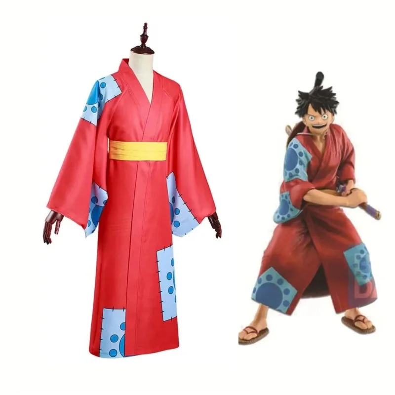 New ❤2025 Anime Monkey D. Luffy Cosplay Wano Country Kimono Halloween Costumes for Man Adults Red Cardigan Role P ☆ ☆ ☆