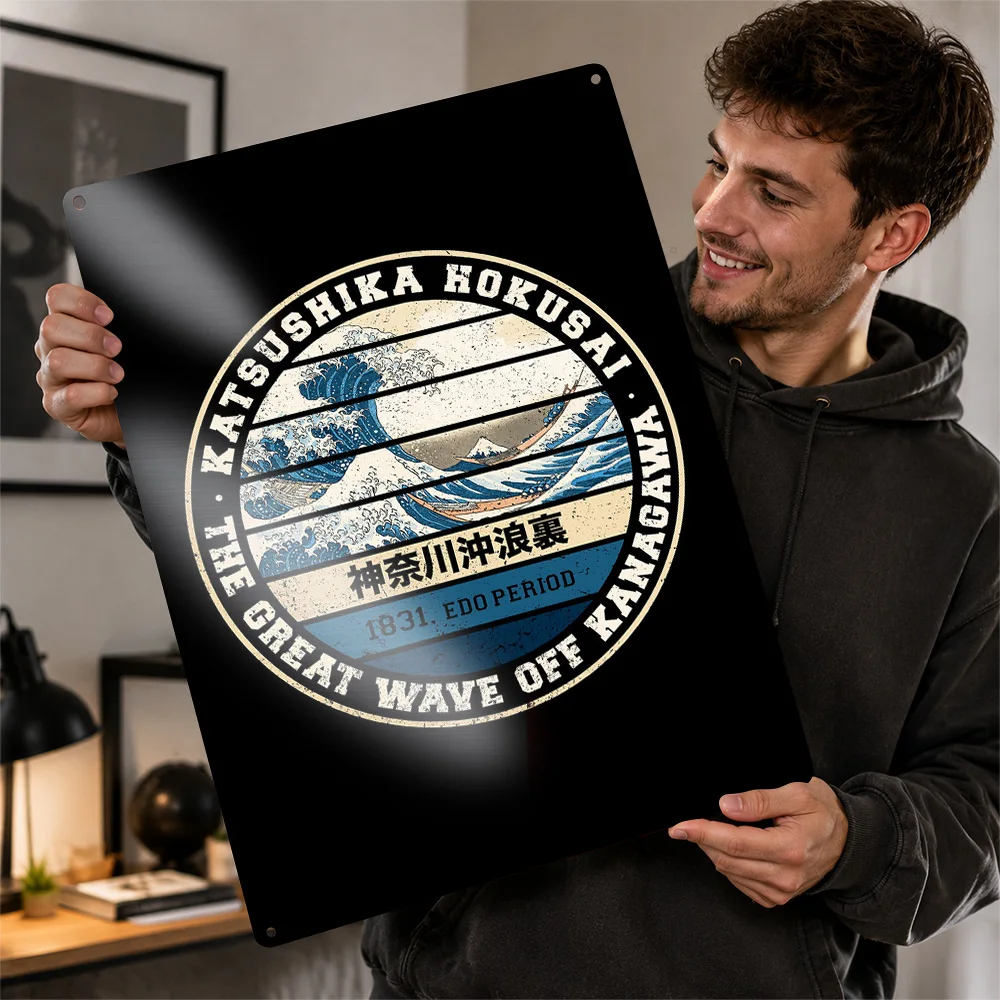 Hokusai Great Wave Circular Design Aluminum Poster Vintage Graphic Wall Art For Living Room Customized Metal Sign Birthday Gift
