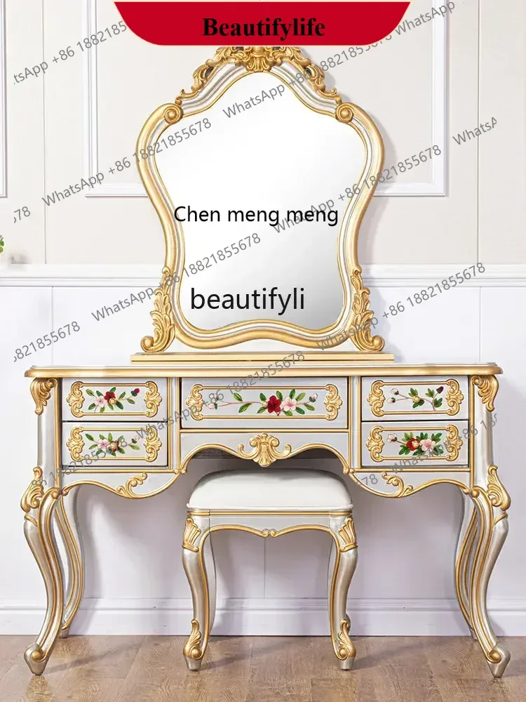 

D178 Y yj European-Style Carved Painted Paint Luxury High-End Bedroom Dressing Table with Mirror Dresser