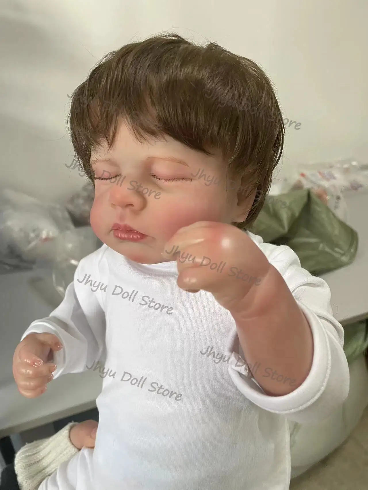 Loulou pano corpo/corpo completo de vinil 48cm já acabado pintura realista dormir boneca reborn com veias visíveis cabelo enraizado à mão