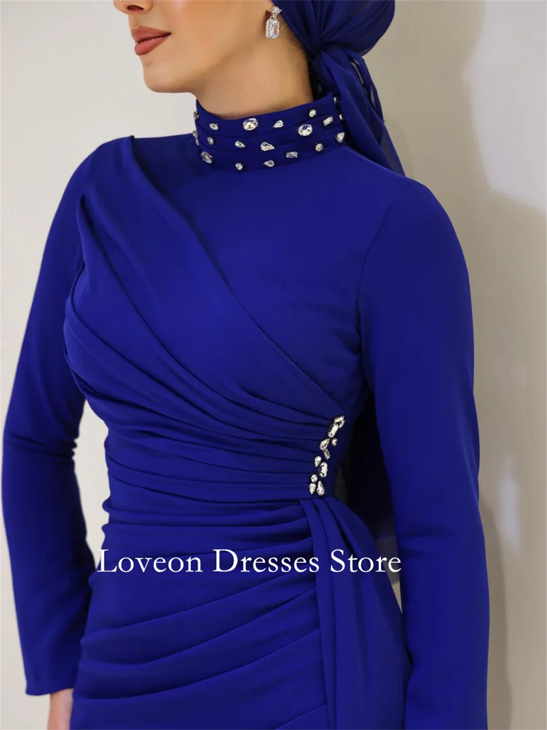 Alta pescoço crepe cetim formal vestidos de noite sereia mangas completas estilo árabe personalizado elegante baile de formatura crescidos festa feminina